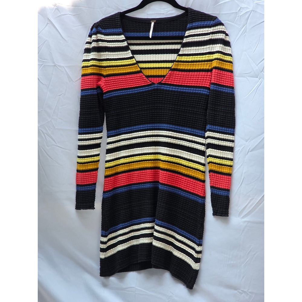 Free People Womens XS Striped Knit V-Neck Mini Dress Long Sleeve Multi-Color